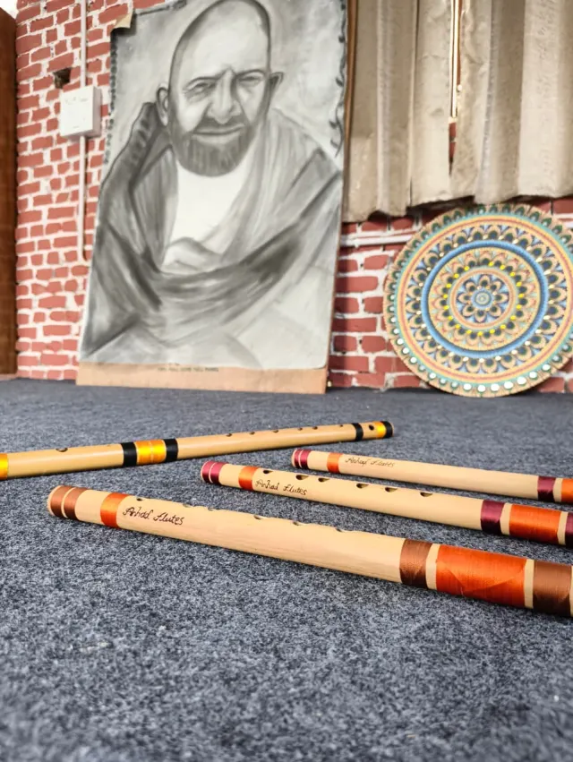 Handcrafted Anhad Flutes bansuris laid out at the studio